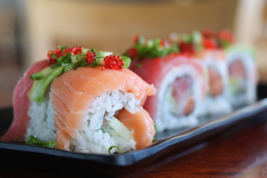 photo depicts fresh plated sushi