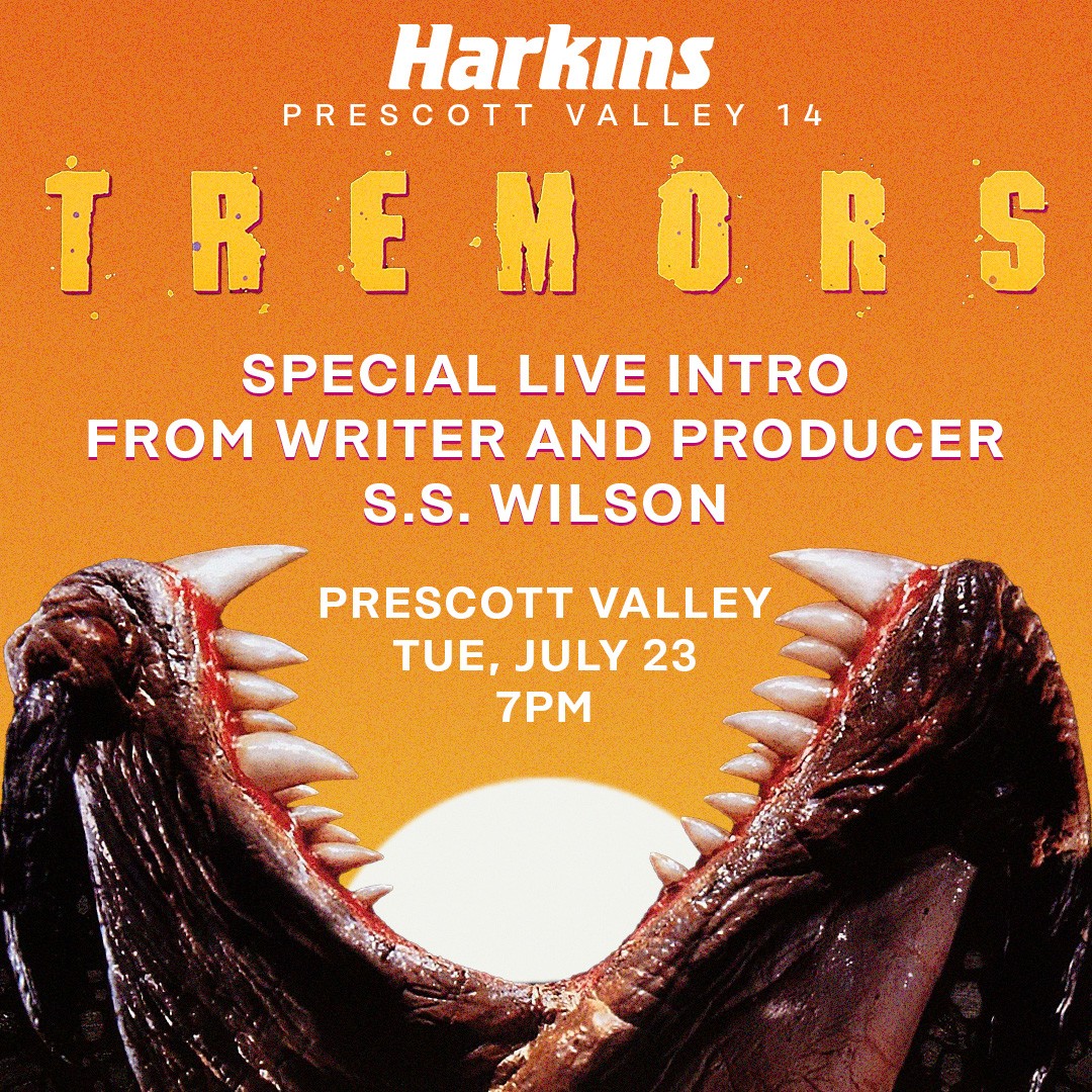 Graphic shows a pair of monster jaws wide open with text in the middle that reads "Tremors" then gives further event details.