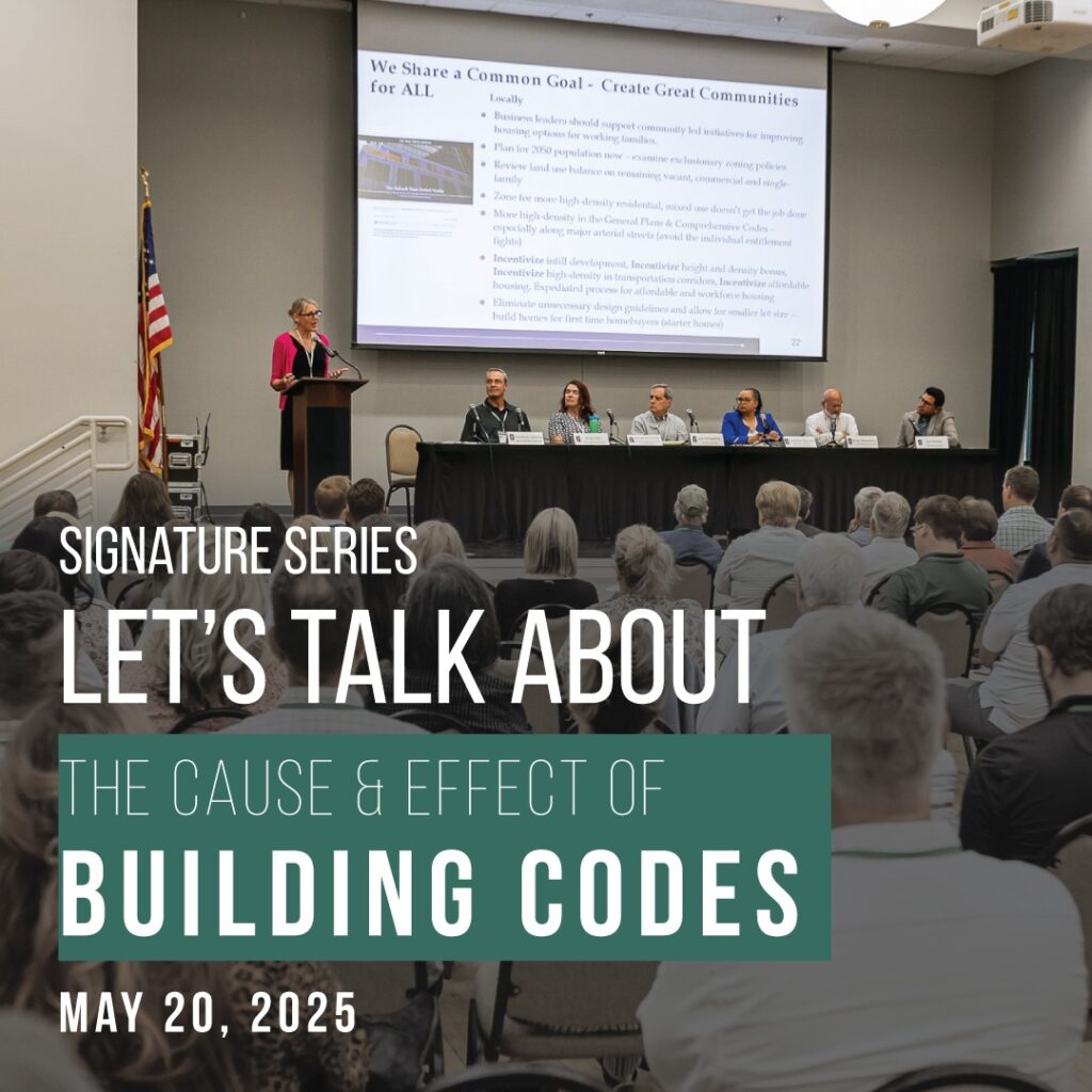 "Let's Talk about the Cause & Effect of Building Codes" Signature Series event showing panel of speakers on a stage.