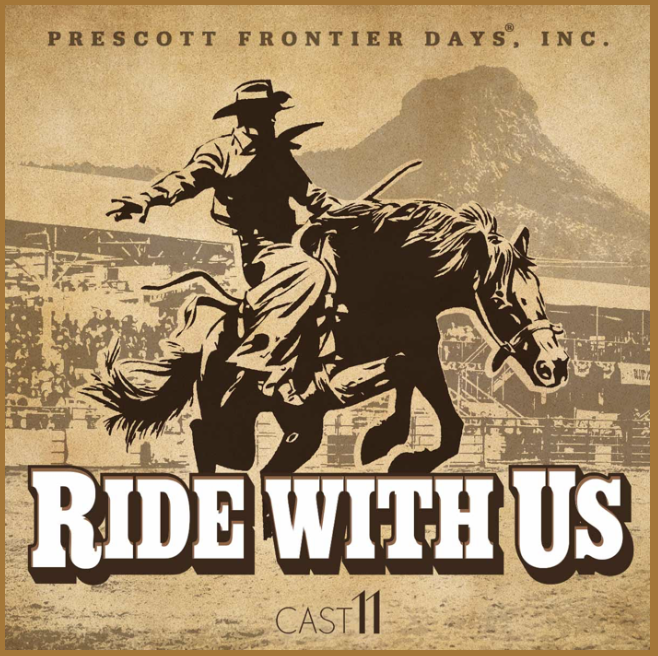 ride with us podcast artwork of a cowboy riding a horse at the rodeo