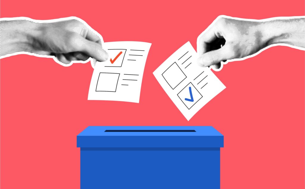 Hand with ballot papers and ballot box