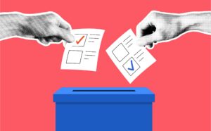 Hand with ballot papers and ballot box
