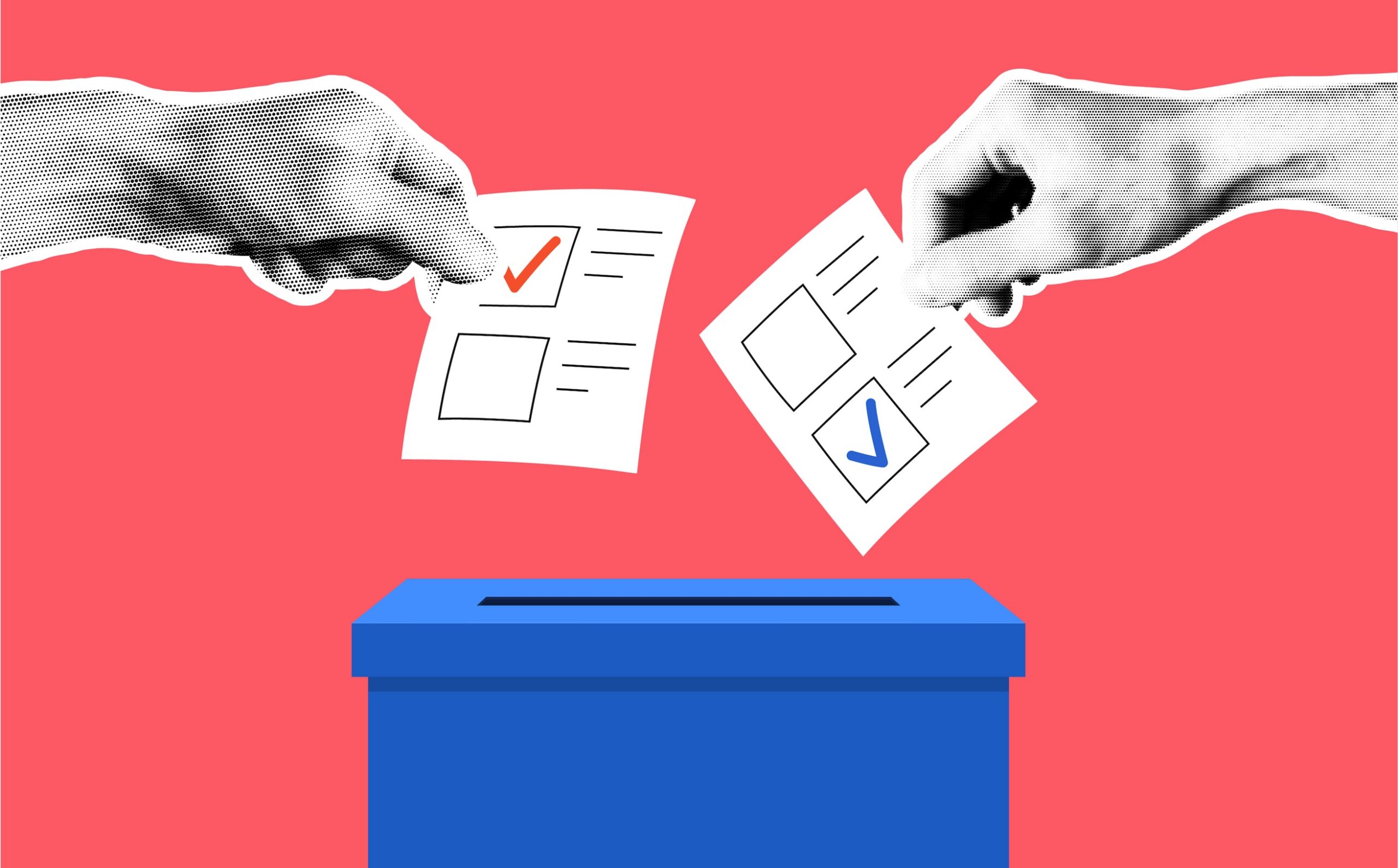 Hand with ballot papers and ballot box